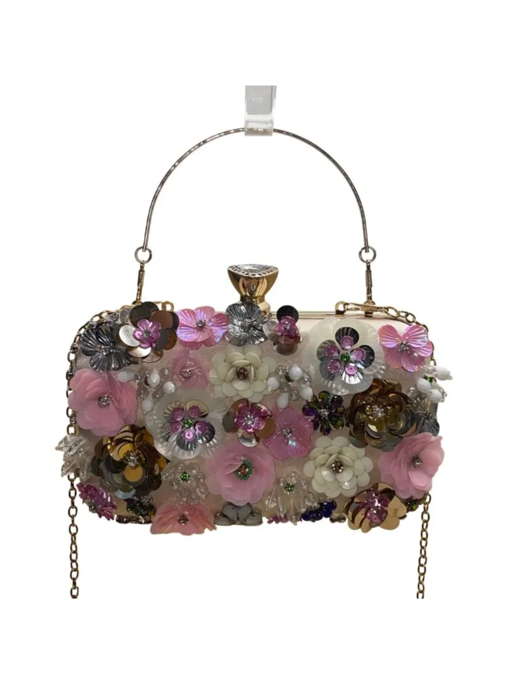 Women’s Pink Floral Embellishment With Chain Strap & Handle Clutch Purse
